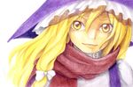  bad_id bad_pixiv_id blonde_hair close-up hat kirisame_marisa perfect_cherry_blossom red_scarf ribbon scarf solo takt. touhou traditional_media watercolor_pencil_(medium) witch_hat yellow_eyes 
