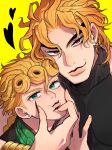  2boys alternate_universe black_nails black_shirt blonde_hair closed_mouth commentary_request dio_brando ear_piercing earrings eyelashes father_and_child father_and_son fingernails giorno_giovanna gold_bangle gold_earrings grabbing_another's_chin grabbing_another's_face green_eyes hair_between_eyes hand_on_another's_chest hand_on_another's_chin head_grab heart highres hoop_earrings jewelry jojo_no_kimyou_na_bouken komiya_harumoto long_fingernails looking_at_viewer male_focus medium_hair multiple_boys nail_polish parent_and_child piercing red_eyes shirt simple_background stardust_crusaders stud_earrings time_paradox turtleneck turtleneck_shirt vento_aureo victory_rolls yellow_background 