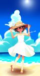  1other androgynous beach blush brown_hair closed_eyes cloud dress frisk_(undertale) hat highres ichika_(honoka_1250) looking_at_viewer non-web_source ocean open_mouth outdoors sandals seaside shore short_hair sky sleeveless smile solo source_request spaghetti_strap standing straw_hat summer sun_hat sundress sunlight undertale utdr_(toby_fox) waves white_dress wind 