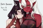  2girls absurdres akumi_(yoclesh) black_dress black_hair breasts cleavage colored_skin commentary dress earrings hair_between_eyes highres horns indie_virtual_youtuber jewelry large_breasts long_hair momote_(vtuber) multicolored_hair multiple_girls oni pointy_ears red_dress red_horns red_oni red_skin scar scar_on_chest scar_on_face scar_on_horns see-through_cleavage see-through_clothes skin-covered_horns skunk_ears skunk_girl two-tone_hair virtual_youtuber white_hair yellow_eyes yiotaart yuri 