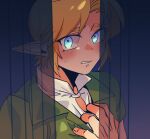  1boy blonde_hair blue_background blue_eyes blush clutching_chest commentary_request curtains green_shirt highres link looking_at_viewer male_focus parted_lips pointy_ears rani_grb shirt short_hair solo sweatdrop the_legend_of_zelda the_legend_of_zelda:_ocarina_of_time white_shirt 