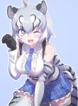  1girl animal_ears bare_shoulders blue_background blue_eyes blush breasts commentary_request european_cave_lion_(kemono_friends) extra_ears gloves grey_hair highres kemono_friends lion_ears lion_girl lion_tail looking_at_viewer lowlandgorilla necktie one_eye_closed shirt short_hair simple_background skirt sleeveless sleeveless_shirt solo tail thighhighs 