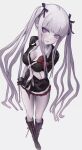  1girl arm_under_breasts black_boots black_bow black_bra black_gloves black_ribbon black_shirt blunt_bangs blunt_ends blush boots bow bra bra_peek breasts cleavage closed_mouth collared_shirt commentary cosplay danganronpa:_trigger_happy_havoc danganronpa_(series) embarrassed enoshima_junko enoshima_junko_(cosplay) eyelashes full_body glaring gloves grey_hair hair_bow hair_ribbon head_tilt highres kirigiri_kyoko lace-up_boots large_breasts long_hair looking_at_viewer loose_necktie miniskirt necktie pleated_skirt purple_eyes red_bow red_skirt ribbon ringed_eyes shirt shirt_bow shiton_(2016sanhime) sidelocks simple_background skirt skirt_tug solo standing twintails underwear v-shaped_eyebrows very_long_hair white_background white_necktie 