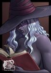  1girl artist_logo artist_name bare_shoulders book breasts colored_eyelashes colored_skin commentary dark-skinned_female dark_skin elden_ring elden_ring_nightreign english_commentary hat hat_over_one_eye highres holding holding_book large_breasts logo long_hair open_book parted_lips purple_eyes purple_lips purple_skin razillon recluse_(elden_ring) solo topless_female upper_body white_eyelashes white_hair witch witch_hat 