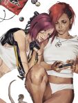  2girls asymmetrical_hair black_eyes breasts cable cellphone closed_mouth commentary cyberpunk cyberpunk_(series) cyberpunk_2077 cyborg eyelashes highres holding holding_phone jewelry looking_at_object looking_at_phone lying mechanical_arms mechanical_head mechanical_spine multiple_girls necklace no_pants on_back panties phone pink_hair red_hair seli1 shirt short_hair sidecut sleeveless songbird_(cyberpunk) tank_top undercut underwear v_(cyberpunk) valerie_(cyberpunk) white_background white_panties white_shirt white_tank_top 