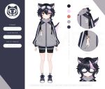 1girl backpack bag bike_shorts black_hair commentary english_commentary facial_mark goggles goggles_on_head hair_between_eyes hair_ornament heart heart_facial_mark highres indie_virtual_youtuber iqchan multicolored_hair not_reyy official_art orange_eyes pink_hair reference_sheet skunk_ears skunk_girl skunk_tail star_(symbol) star_facial_mark star_hair_ornament streaked_hair toboso_kuroi triangle triangle_facial_mark two-tone_tail virtual_youtuber 
