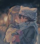  2girls allypupp animal_hat bag bare_tree black_hair blue_coat blue_gloves blue_scarf blush brown_hair cat_hat christmas closed_eyes coat commentary covered_mouth earmuffs english_commentary fur-trimmed_headwear fur-trimmed_sleeves fur_trim gift gift_bag gloves hat highres holding holding_bag holding_gift kiss long_hair long_sleeves mittens multiple_girls night one_eye_closed original outdoors purple_eyes purple_mittens red_bag scarf snow snowing tree upper_body white_coat white_hat winter winter_clothes yuri 