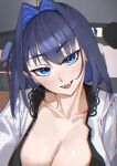  1girl absurdres alternate_costume black_hair blue_eyes blue_hair blue_pants breasts cleavage close-up collarbone colored_inner_hair commentary daaku_(koizumi_arata) english_commentary eyelashes fanged_bangs fangs hair_between_eyes hair_intakes highres hololive hololive_english large_breasts lips looking_at_viewer multicolored_hair open_clothes open_mouth ouro_kronii pants portrait shirt short_hair simple_background smile solo sweater virtual_youtuber white_sweater 