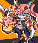  1girl absurdres aqua_eyes black_background black_gloves bright_pupils chibi closed_mouth commentary_request covered_navel double-parted_bangs floating_hair foot_out_of_frame gloves hair_between_eyes hair_ears hand_on_own_hip headgear headphones highres leg_armor leotard long_hair looking_at_viewer magical_girl maria_cadenzavna_eve_(another) mechanical_magical_girl multicolored_gloves open_hand orange_background outstretched_arm pink_hair senki_zesshou_symphogear senki_zesshou_symphogear_xd_unlimited simple_background smile solo standing tsurime twintails two-tone_background two-tone_gloves unihead207215 v-shaped_eyebrows vambraces white_pupils 