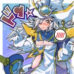  1girl blush breasts cleavage clothing_cutout commentary_request duel_monster gloves grey_hair hair_over_one_eye hat highres hip_vent long_hair newtype55 red_eyes silent_magician silent_magician_zero sweatdrop tabard torn_clothes wand white_gloves white_hat white_tabard wizard_hat yu-gi-oh! 