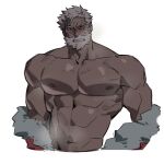  1boy abs bara beard blush commentary_request cropped_torso facial_hair full_beard highres large_pectorals looking_at_viewer male_focus muscular muscular_male muyu_(muyu824127) nipples pectorals sanda_(itagaki_paru) santa_claus_(sanda) simple_background solo 