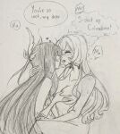  2girls ^_^ absurdres blush breasts closed_eyes columbina_(genshin_impact) commentary completely_nude couple english_commentary english_text genshin_impact grabbing_another's_breast graphite_(medium) greyscale groping hair_down highres honey_thoughts45 large_breasts long_hair loving_aura monochrome multiple_girls nude open_mouth sandrone_(genshin_impact) sitting sound_effects speech_bubble straight_hair sweat traditional_media very_long_hair yuri 