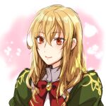  1girl blonde_hair bow bowtie closed_mouth collared_shirt commentary_request crossdressing crossdressing_(mtf) hair_between_eyes high_collar karashi_minamin kitamura_motoyasu long_hair looking_at_viewer pink_background portrait red_bow red_bowtie red_eyes shirt sidelocks sketch smile solo straight_hair tate_no_yuusha_no_nariagari white_background white_shirt yari_no_yuusha_no_yarinaoshi 