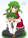  akasode_(tyaramu) antennae black_legwear blush cheek_pinching closed_eyes face_stretching green_eyes green_hair heart kazami_yuuka multiple_girls necktie pantyhose pinching plaid plaid_skirt plaid_vest red_eyes short_hair skirt skirt_set spoken_heart tears touhou vest wriggle_nightbug 