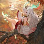  1girl ai-generated autumn commentary_request dragon_girl eropen2025 feet highres japanese_clothes kimono kurikara_divincarnate purple_eyes solo tree white_hair white_kimono yu-gi-oh! 
