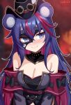  1girl absurdres animal_ears artist_name bare_shoulders bear_ears black_bow black_hat blue_eyes blue_hair blush bow breasts chenki_(chenki) cleavage commentary detached_collar english_commentary eye_mask fujikura_uruka fujikura_uruka_(lust) hair_between_eyes half_eye_mask hat highres long_hair looking_at_viewer mask medium_breasts multicolored_hair notched_ear official_alternate_costume official_alternate_hairstyle outline phase_connect red_hair smile solo streaked_hair twitter_username two-tone_hair upper_body virtual_youtuber white_outline 