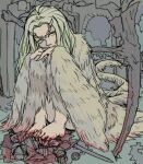  1boy 1girl barefoot blood blood_on_clothes blood_on_dress blood_on_feet chosen_undead corpse curtained_hair dark_souls_(series) dark_souls_i dragon_girl dress fluffy_tail fur_trim giant giantess highres horns knees_to_chest knight looking_to_the_side organs pantsu-ripper parted_hair priscilla_the_crossbreed scythe sitting snow sword tail weapon white_dress white_fur white_hair yellow_eyes 