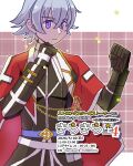  1boy arugoru belt black_gloves black_shirt blue_belt clenched_hands closed_mouth coat coat_on_shoulders commentary_request cosplay crossed_bangs expressionless gloves grey_belt grey_hair grid_background hair_between_eyes highres inquisitor_(ragnarok_online) inquisitor_(ragnarok_online)_(cosplay) jawm looking_at_viewer male_focus purple_eyes ragnarok_online red_coat shirt short_hair solo upper_body 