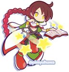  1girl belt black_pants black_shirt book bracer braid brown_belt cape closed_mouth commentary_request crop_top dot_mouth flask full_body green_cape hand_up holding holding_book hood hood_down hooded_cape long_hair magic_circle multiple_belts official_style open_book pants pimyuhuwa puyopuyo puyopuyo_quest red_hair red_shoes resta_(puyopuyo) round-bottom_flask shirt shoes simple_background solo star_(symbol) twitter_username two-sided_cape two-sided_fabric very_long_braid very_long_hair waist_cape white_background white_cape yellow_eyes 