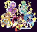  5girls arrow_(projectile) bag balance_scale belt black_background black_pants black_shirt blonde_hair blue_cape blue_coat blue_eyes blue_hair blue_hat blue_shorts blue_sleeves book boots bow bow_(weapon) bracer braid brown_belt brown_hair cape cape_hold capelet closed_mouth coat commentary_request crop_top curled_horns dark-skinned_female dark_skin detached_sleeves dot_mouth drawing_bow dress earrings facial_mark flask flower fluffy_hair gloves gradient_hair green_boots green_cape green_eyes green_hair green_hat green_skirt green_sleeves grey_scarf hair_bow hair_flower hair_ornament hairband hand_on_hilt hand_up hat hat_ornament holding holding_arrow holding_book holding_bow_(weapon) holding_own_dress holding_staff holding_weapon hood hood_down hooded_cape horns jewelry juliet_sleeves layered_skirt long_hair long_sleeves looking_at_viewer magic_circle medium_hair mitre multicolored_hair multiple_belts multiple_girls neva_(puyopuyo) official_style one_eye_closed open_book orange_cape outstretched_arm pants parted_lips pelvic_curtain pimyuhuwa pink_boots pink_bow pink_eyes ponytail puffy_shorts puffy_sleeves purple_capelet purple_dress purple_eyes purple_hair purple_hairband puyopuyo puyopuyo_quest raum_(puyopuyo) red_hair red_shoes resta_(puyopuyo) rope round-bottom_flask sagey_(puyopuyo) sash scarf shirt shoes shorts shoulder_bag sidelocks simple_background skirt sleeveless sleeveless_coat sleeveless_shirt sleeves_past_wrists smile spille_(puyopuyo) staff standing star_(symbol) star_hat_ornament sword thigh_boots tiara twitter_username two-sided_cape two-sided_fabric two-tone_hair v-shaped_eyebrows vertical-striped_sleeves very_long_braid very_long_hair waist_cape weapon weighing_scale white_boots white_cape white_flower white_gloves white_hair white_shirt white_skirt wide_sleeves yellow_bag yellow_eyes yellow_sash yellow_shirt yellow_skirt 