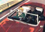  2boys alternate_costume alternate_universe black_jacket black_shirt blonde_hair burger car closed_mouth commentary_request contemporary convertible driving eating food ganondorf green_sweater highres jacket link male_focus motor_vehicle multiple_boys outdoors pointy_ears pointy_nose rani_grb red_hair road shirt shore short_hair sweater the_legend_of_zelda the_legend_of_zelda:_ocarina_of_time watermark white_shirt yellow_eyes 