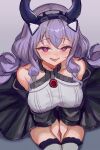  1girl :d absurdres arknights arknights:_endfield bare_shoulders black_coat breasts breasts_squeezed_together coat commentary_request curved_horns dot_nose dress drop_shadow fake_horns fangs from_above gradient_background grey_background handsfree_breast_squeeze highres horns invisible_chair kangarat0 lace-trimmed_thighhighs lace_trim large_breasts long_hair long_sleeves looking_at_viewer off_shoulder purple_eyes purple_hair purple_horns simple_background sitting smile solo thighhighs twintails typhoeus_(arknights) typhon_(arknights) white_dress white_thighhighs 