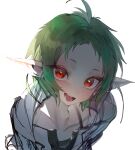  1girl absurdres ahoge blush collarbone cropped_torso elf green_hair grey_cloak highres long_pointy_ears looking_at_viewer mushoku_tensei open_mouth pointy_ears ranoa_magic_academy_school_uniform red_eyes school_uniform secondhand9280 short_hair sidelocks simple_background smile solo sylphiette_(mushoku_tensei) unfinished upper_body white_background 