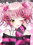  1girl :p ;p bare_shoulders black_bow black_choker black_nails black_shirt blush bow bra_strap chain chain_necklace character_name choker club_(shape) club_hair_ornament commentary cross_hair_ornament diamond_(shape) diamond_hair_ornament hair_bow hair_ornament hairclip hand_on_own_cheek hand_on_own_face heart heart_hair_ornament highres hinamori_amu jewelry necklace one_eye_closed pink_hair pink_shirt rang0w0 shirt short_hair short_twintails shoulder_blush shugo_chara! sleeves_past_wrists smile solo star_(symbol) star_hair_ornament sticker sticker_on_face striped_clothes striped_shirt tongue tongue_out too_many_hair_ornaments twintails two-tone_shirt untranslatable_commentary upper_body vertical-striped_clothes vertical-striped_shirt white_bow wispy_bangs x_hair_ornament 