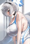  1girl absurdres bare_shoulders blue_archive blue_halo blunt_bangs blush breasts cetacean_tail choker cleavage collarbone commentary_request covered_navel eyewear_on_head fins fish_tail glasses grey_hair halo headphones highres huge_breasts kotone_(blue_archive) looking_down metaru856 one-piece_swimsuit open_mouth plump round_eyewear short_hair solo swimsuit tail white_one-piece_swimsuit 