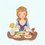  1girl blonde_hair blue_dress cinderella_(disney_character) cinderella_(disney_movie) closed_eyes commentary_request disney_princess dress eating flower food fork highres holding holding_food holding_fork holding_knife knife mouse_(animal) naco_oekaki princess solo vase 
