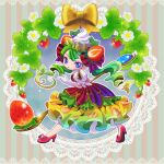  1girl blue_eyes blunt_bangs blush bow commentary_request crown doily dress drill_hair earrings flower food food-themed_clothes food-themed_hair_ornament food_print fruit fruit_print full_body gem gloves gradient_hair green_hair hair_ornament high_heels holding holding_spoon jewelry leaf legs_apart looking_at_viewer minipen multicolored_hair original oversized_food oversized_object oversized_spoon personification petticoat pink_shoes princess puffy_short_sleeves puffy_sleeves pumps shoes short_sleeves solo sparkle spoon strawberry strawberry_print striped_bow striped_clothes twin_drills whipped_cream white_gloves wildberry 