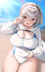  1girl beach black_choker black_eyes blue_archive blue_halo blush breasts choker cleavage collarbone commentary covered_navel day glasses grey-framed_eyewear grey_hair halo headphones highres hood hood_down hooded_shrug kotone_(blue_archive) large_breasts looking_at_viewer mole mole_under_eye one-piece_swimsuit open_mouth round_eyewear sharu_(sharu0218) short_hair shrug_(clothing) smile solo swimsuit tail thighs white_background white_one-piece_swimsuit white_shrug 