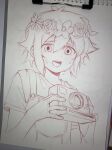  1boy antenna_hair basil_(headspace)_(omori) basil_(omori) camera commentary double-parted_bangs flower flower_wreath ggggg27227 greyscale hair_between_eyes head_wreath highres holding holding_camera male_focus monochrome nervous_smile nervous_sweating omori open_mouth overalls shirt short_hair short_sleeves sidelocks smile solo sweat t-shirt teeth tongue traditional_media upper_teeth_only 