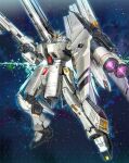  beam_rifle char's_counterattack commentary energy_gun fin_funnels finger_on_trigger full_body green_eyes gun gundam gundam_msv highres holding holding_gun holding_weapon light_particles mecha mecha_focus mobile_suit no_humans nu_gundam nu_gundam_hws ran'ou_(tamago_no_kimi) robot science_fiction shield solo thrusters v-fin weapon 