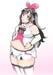  1girl absurdres belly bow bowtie breasts commentary_request cropped_legs detached_sleeves fat fatter_than_canon highres kizuna_ai kizuna_ai_(1st_costume) kizuna_ai_inc. lace-trimmed_thighhighs lace_trim long_hair medium_breasts midriff multicolored_hair navel official_alternate_body_size pink_streaks sailor_collar short_shorts shorts solo stomach streaked_hair takaya123456 thick_thighs thighhighs thighs tongue tongue_out virtual_youtuber 
