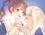  2girls blonde_hair blue_dress brown_hair closed_eyes cometa_3 commentary dark-skinned_female dark_skin dress earrings holding_hands interlocked_fingers jewelry kimi_ga_shinu_made_koi_wo_shitai light_particles lizzy_seiran long_hair looking_at_another maud_ali multiple_girls open_mouth red_eyes sailor_collar sailor_dress school_uniform short_hair smile stud_earrings tears white_sailor_collar yuri 