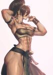  1girl abs absurdres aged_up arm_strap ass avatar_aang:_the_last_airbender avatar_legends biceps black_hair breasts collarbone commentary cowboy_shot cuffs from_side grey_background hair_up highres muscular muscular_female navel pelvic_curtain ry444nc shackles simple_background small_breasts solo toph_beifong 