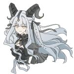  1girl arknights bang_dream! bang_dream!_it's_mygo!!!!! black_horns black_ribbon blue_hair chinese_commentary closed_mouth commentary_request curled_horns detached_collar hair_ribbon horns long_hair looking_at_viewer mianfei_de_an_kang_yu ribbon sidelocks simple_background smile solo togawa_sakiko togawa_sakiko_(master_of_melodia) two_side_up upper_body white_background yellow_eyes 