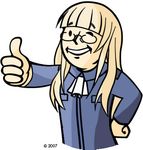  blonde_hair fallout fallout_3 glasses jumpsuit long_hair lowres non-web_source one_eye_closed parody perrine_h_clostermann smile solo strike_witches thumbs_up vault_boy world_witches_series 