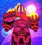  1boy abstract_background arishem_the_judge_(marvel) armor aura commentary cropped_legs dan_hipp english_commentary eternals_(marvel) extra_eyes full_moon galaxy glowing glowing_hand halftone halftone_background helmet marvel marvel_snap mecha moon official_art planet pointing_with_thumb purple_theme red_armor red_helmet red_theme robot toon_(style) upper_body 