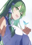  1girl :d armpits bare_shoulders blue_butterfly breasts bug butterfly butterfly_on_hand commentary_request frog_hair_ornament green_eyes green_hair hair_ornament hair_tubes kochiya_sanae large_breasts long_hair mikan923 nontraditional_miko open_mouth shirt single_hair_tube sleeveless sleeveless_shirt smile snake_hair_ornament solo touhou upper_body white_background white_shirt 
