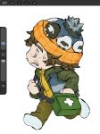  1boy bag beanie beard_stubble brown_hair bryan_hodukavich chibi chibi_only commentary dule_(anhaidule) facial_hair full_body hat highres holding_strap hood hood_down hooded_jacket jacket looking_to_the_side male_focus pom_pom_hat_ornament resident_evil resident_evil_(2026_movie) running short_hair shoulder_bag solo stubble sweatdrop vest 