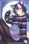  1girl black_hair black_pantyhose black_shoes blue_skirt closed_mouth facial_mark hair_between_eyes heart heart_facial_mark heart_necklace high-waist_skirt highres indie_virtual_youtuber iqchan jewelry multicolored_hair necklace orange_eyes pantyhose pink_hair shoes skirt skunk_ears skunk_girl solo star_(symbol) star_facial_mark streaked_hair striped_clothes striped_sweater sweater toboso_kuroi triangle triangle_facial_mark twintails virtual_youtuber 