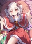  1girl bell blush box bzz_(pixiv_78933464) candy capelet choker christmas christmas_present commentary_request controller dress drill_hair food fur-trimmed_capelet fur_trim game_controller gift gift_box hair_ornament highres looking_at_viewer lying on_back open_mouth outstretched_arms red_capelet red_dress red_eyes santa_costume santa_dress solo tlipoca twin_drills white_choker white_hair yog-sothoth's_yard 