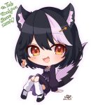  1girl black_hair black_shoes chibi dress emoriza facial_mark hair_between_eyes hair_ornament heart heart_facial_mark heart_necklace highres indie_virtual_youtuber jewelry leg_warmers multicolored_hair necklace open_clothes orange_eyes pink_hair purple_dress shoes simple_background skunk_ears skunk_girl skunk_tail solo star_(symbol) star_facial_mark star_hair_ornament toboso_kuroi triangle triangle_facial_mark virtual_youtuber white_background white_leg_warmers 