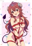  1girl absurdres blush border breasts brown_horns commentary cowboy_shot curled_horns demon_girl demon_tail english_commentary fang highres horns looking_at_viewer machikado_mazoku medium_breasts naked_ribbon nipple_indents nipples nude open_mouth pink_background red_eyes red_hair ribbon skin_fang solo tail twitter_username white_border yisusjpl yoshida_yuuko 