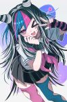  >_o 1girl :d ;d absurdres arm_warmers asymmetrical_legwear black_arm_warmers black_hair black_sailor_collar black_scrunchie black_skirt blue_hair blue_thighhighs blush_stickers chin_piercing commentary_request cone_hair_bun danganronpa_(series) danganronpa_2:_goodbye_despair double_bun face_piercing fang feet_out_of_frame hair_bun hair_rings happy highres long_hair miniskirt mioda_ibuki mismatched_legwear mismatched_thighhighs multicolored_hair neckerchief one_eye_closed open_mouth outline piercing pink_arm_warmers pink_eyes pink_hair pink_neckerchief pink_thighhighs pleated_skirt sailor_collar sailor_shirt school_uniform scrunchie serafuku shirt short_sleeves simple_background single_blush_sticker skin_fang skirt smile solo spiked_hair standing star_(symbol) streaked_hair striped_arm_warmers thighhighs uto_(inutanukawaii) very_long_hair w white_background white_hair white_outline white_shirt white_streaks wrist_scrunchie zettai_ryouiki 