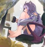  1girl ahoge animal_ear_fluff animal_ears artist_name bare_legs barefoot blush cat_ears cat_girl chair commentary computer_mouse cup feet frills from_side full_body grey_background highres holding holding_cup hololive indoors jacket knees_up legs linpiu long_sleeves looking_to_the_side medium_hair mug nekomata_okayu nekomata_okayu_(membership) official_alternate_costume on_chair open_mouth puffy_long_sleeves puffy_sleeves purple_eyes purple_hair purple_jacket purple_shorts short_shorts shorts simple_background sitting sleeves_past_wrists soles solo thigh_strap toes twitter_username virtual_youtuber 