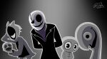  1boy 3others absurdres artist_name basedtrovertartist black_coat black_eyes body_markings coat colored_skin commentary cracked_face english_commentary faceless fang gaster_follower_1 gaster_follower_2 gaster_follower_3 grey_skin greyscale hand_on_own_face highres hood hood_up monochrome multiple_heads multiple_others signature skull_head smile turtleneck undertale utdr_(toby_fox) w.d._gaster whiskers wide-eyed 