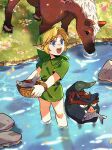  1boy absurdres adversarial_noise animalization blonde_hair blue_eyes bowl commentary_request curtained_hair epona fish ganondorf green_hat green_tunic hat highres holding holding_bowl horse link male_focus open_mouth pointy_ears rani_grb ripples river rock short_hair the_legend_of_zelda the_legend_of_zelda:_ocarina_of_time tunic wading watermark watermark_grid young_link 